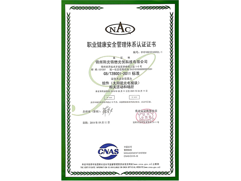 職業(yè)健康安全管理體系認証証明書（中國語）